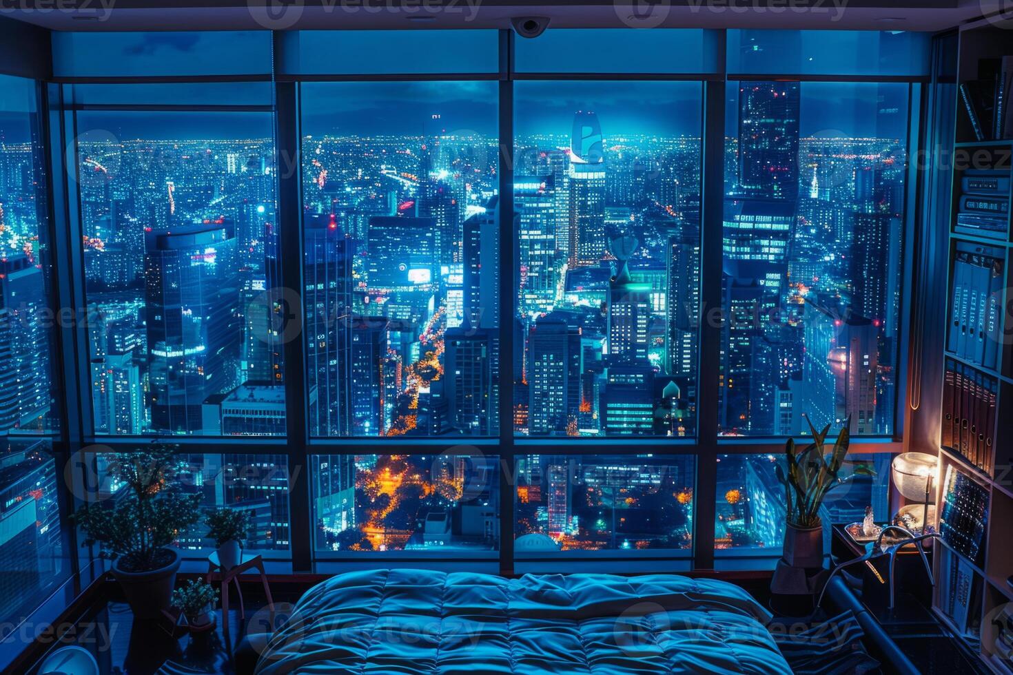 A large bedroom with a view of the city. The room is decorated with a black bed, a white bedspread, and a black and white rug. The room has a modern and sophisticated feel photo