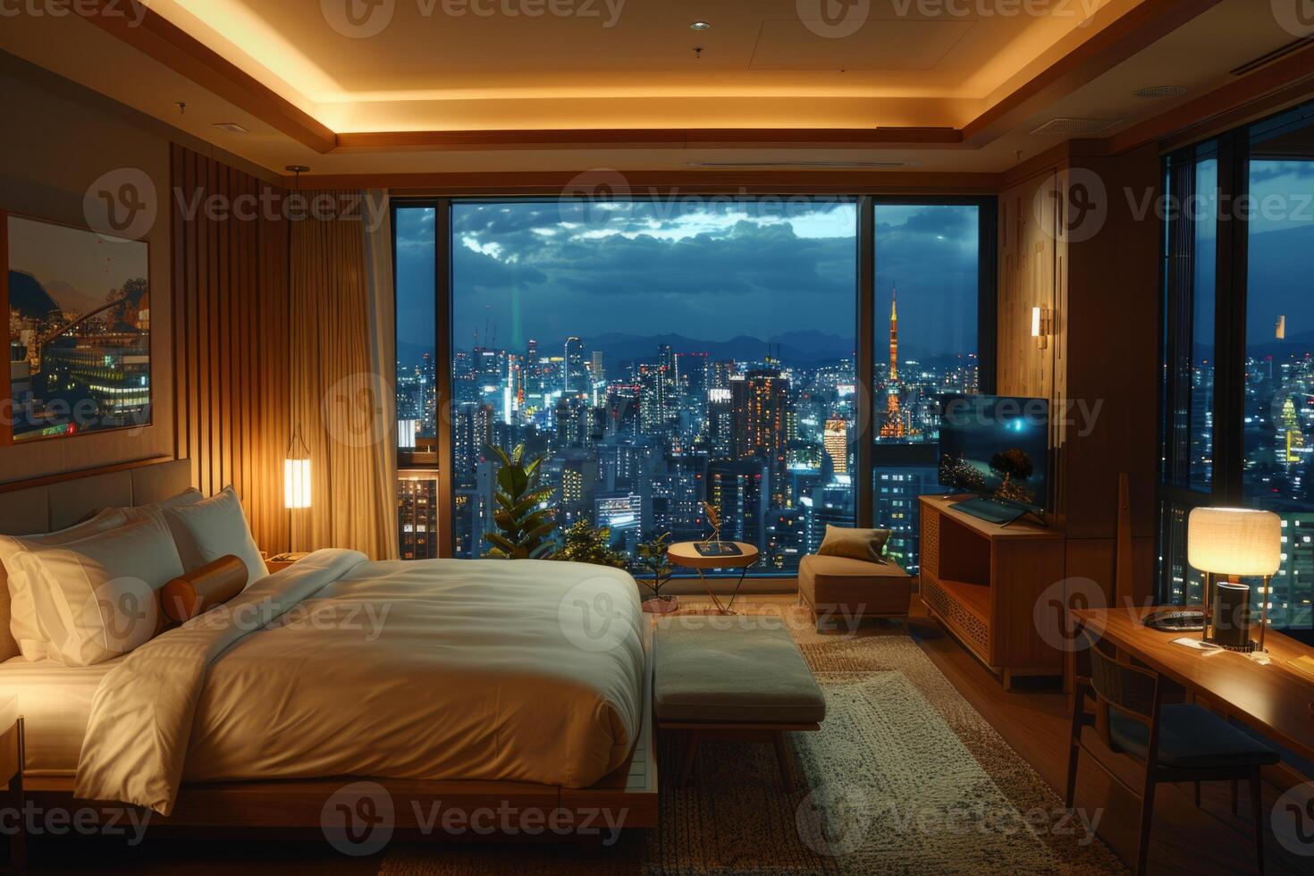 A large bedroom with a view of the city. The room is decorated with a black bed, a white bedspread, and a black and white rug. The room has a modern and sophisticated feel photo