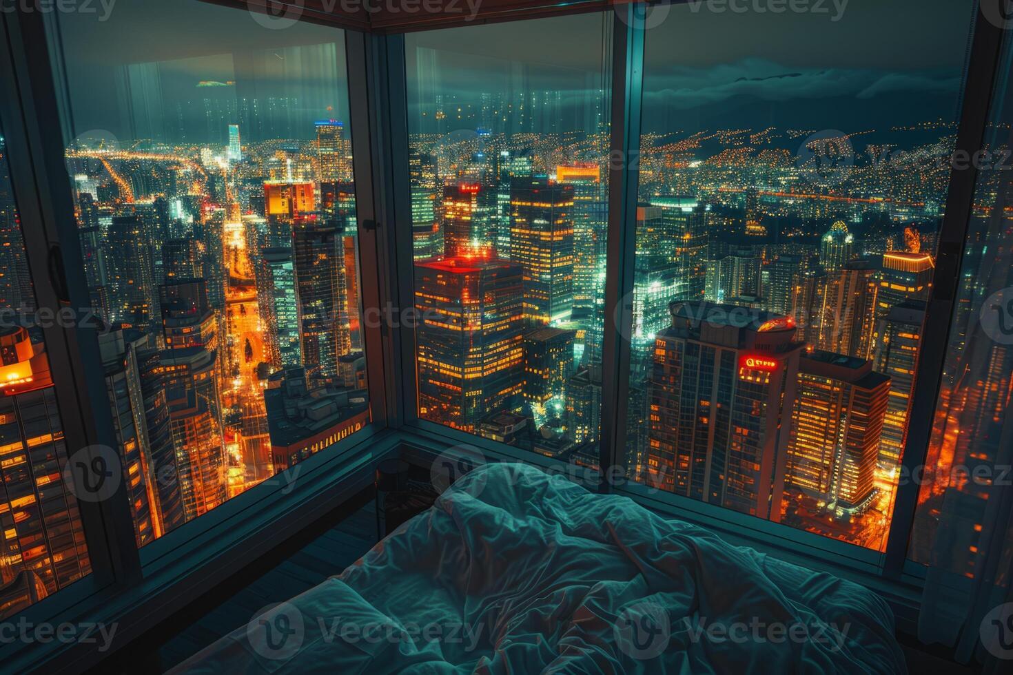 A large bedroom with a view of the city. The room is decorated with a black bed, a white bedspread, and a black and white rug. The room has a modern and sophisticated feel photo