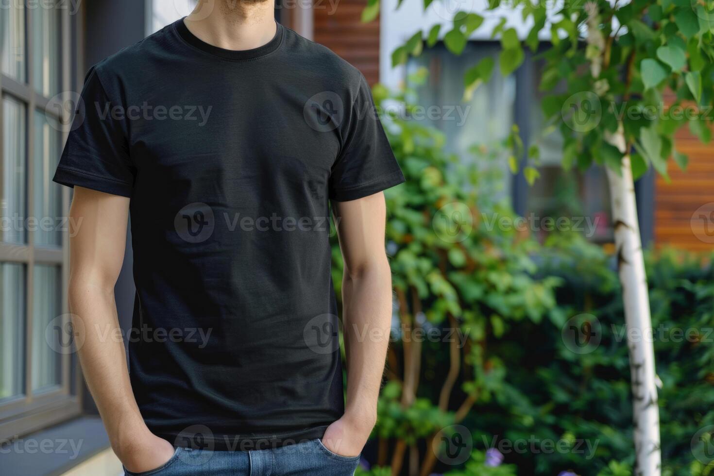Person model wearing black mockup tshirt shirt simple background promotion advertisement ad streetwear style fashion dropshipping print empty dark clothing clothes photo