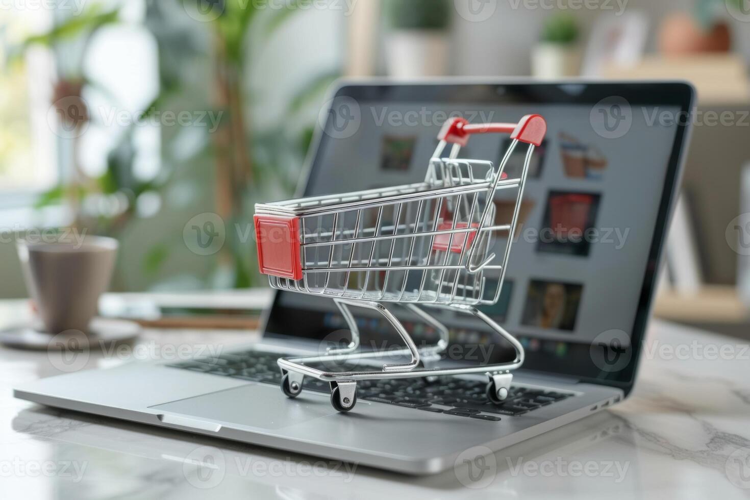 Laptop with shopping cart retail e-commerce online store buy sale marketing purchase decision internet business dropshipping fast delivery website selling technology product description photo