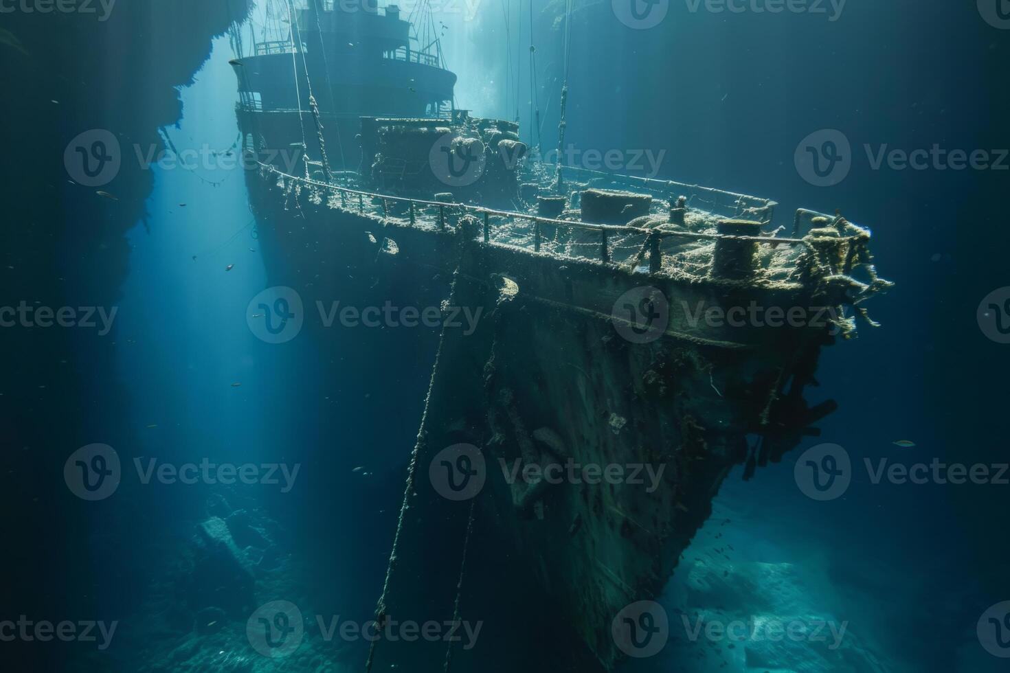 A shipwreck is seen in the ocean with a lot of debris and fish swimming around it. Scene is eerie and mysterious, as the ship is long gone and the ocean is filled with life photo