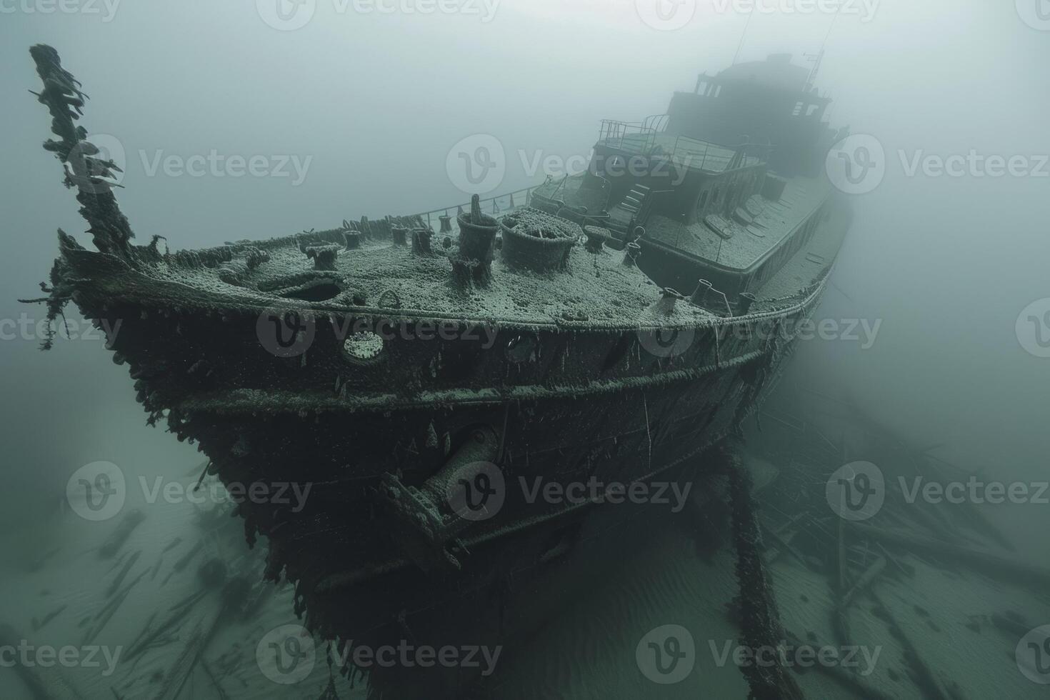 A shipwreck is seen in the ocean with a lot of debris and fish swimming around it. Scene is eerie and mysterious, as the ship is long gone and the ocean is filled with life photo