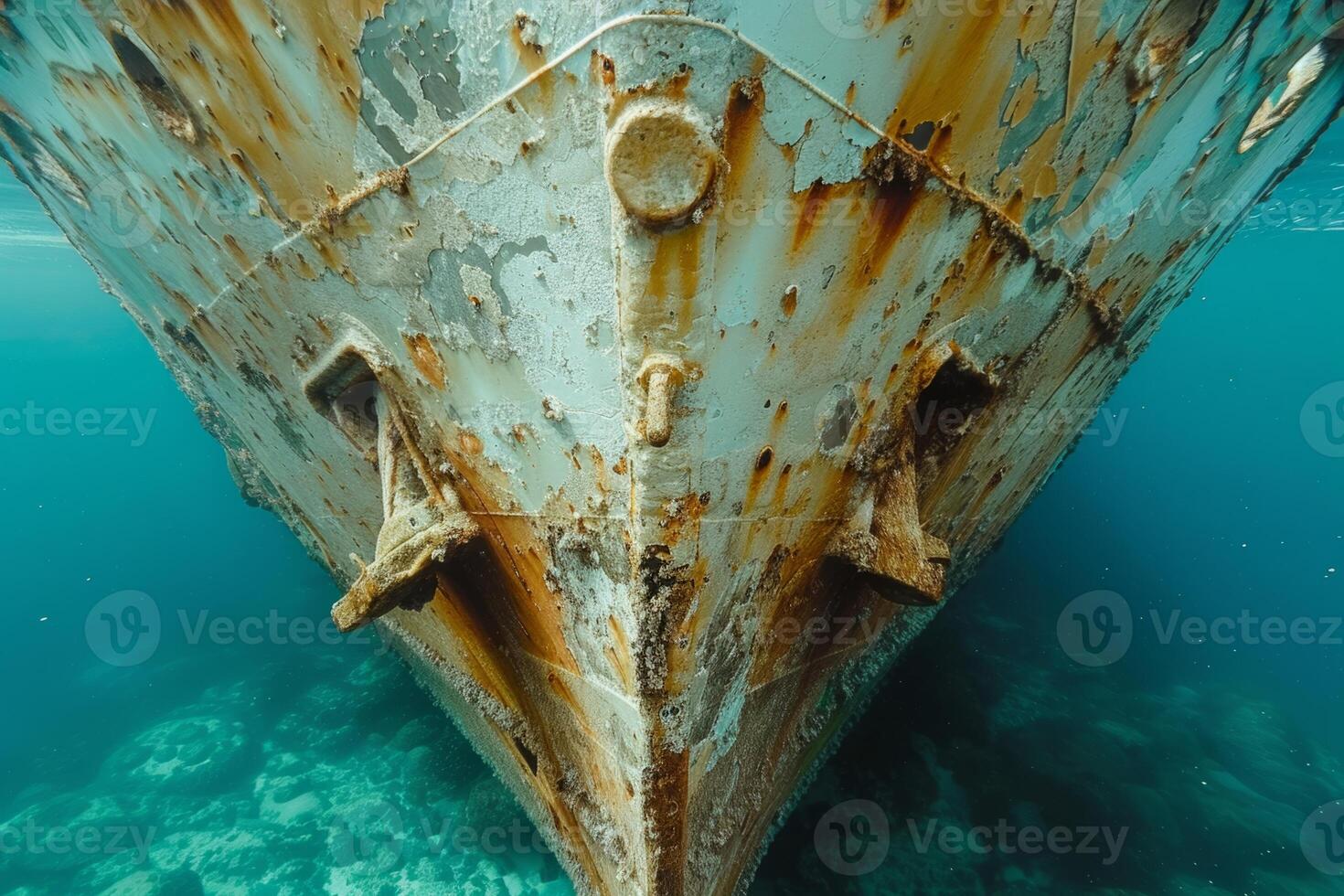 A shipwreck is seen in the ocean with a lot of debris and fish swimming around it. Scene is eerie and mysterious, as the ship is long gone and the ocean is filled with life photo