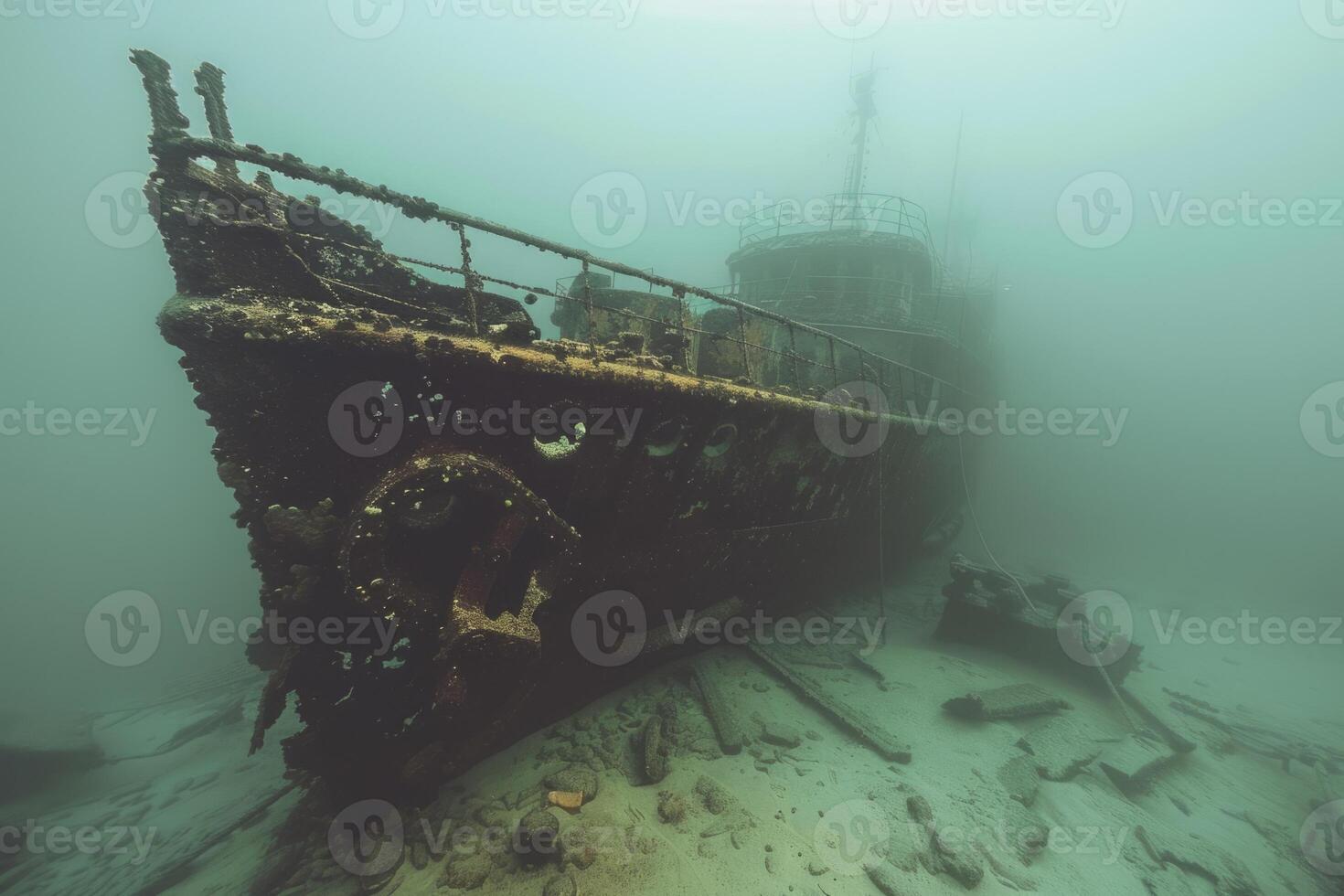 A shipwreck is seen in the ocean with a lot of debris and fish swimming around it. Scene is eerie and mysterious, as the ship is long gone and the ocean is filled with life photo