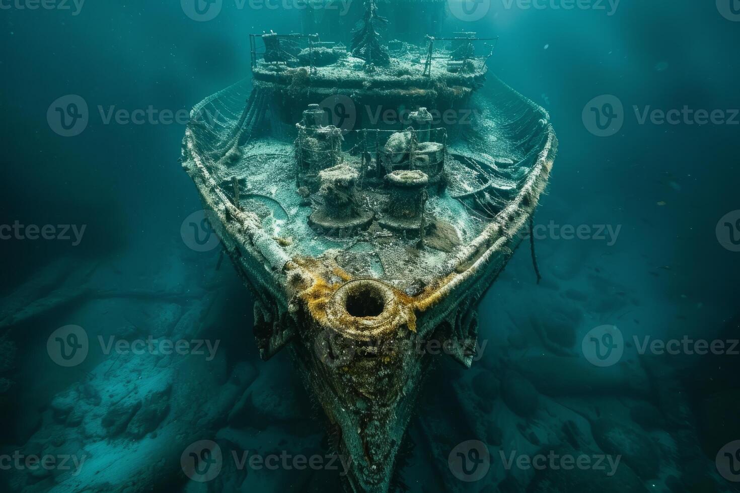 A shipwreck is seen in the ocean with a lot of debris and fish swimming around it. Scene is eerie and mysterious, as the ship is long gone and the ocean is filled with life photo