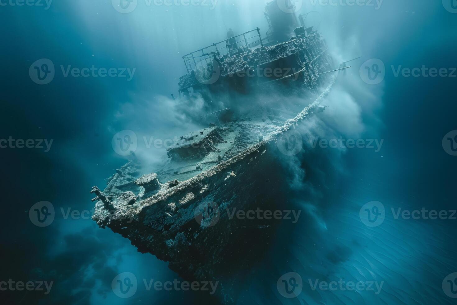 A shipwreck is seen in the ocean with a lot of debris and fish swimming around it. Scene is eerie and mysterious, as the ship is long gone and the ocean is filled with life photo