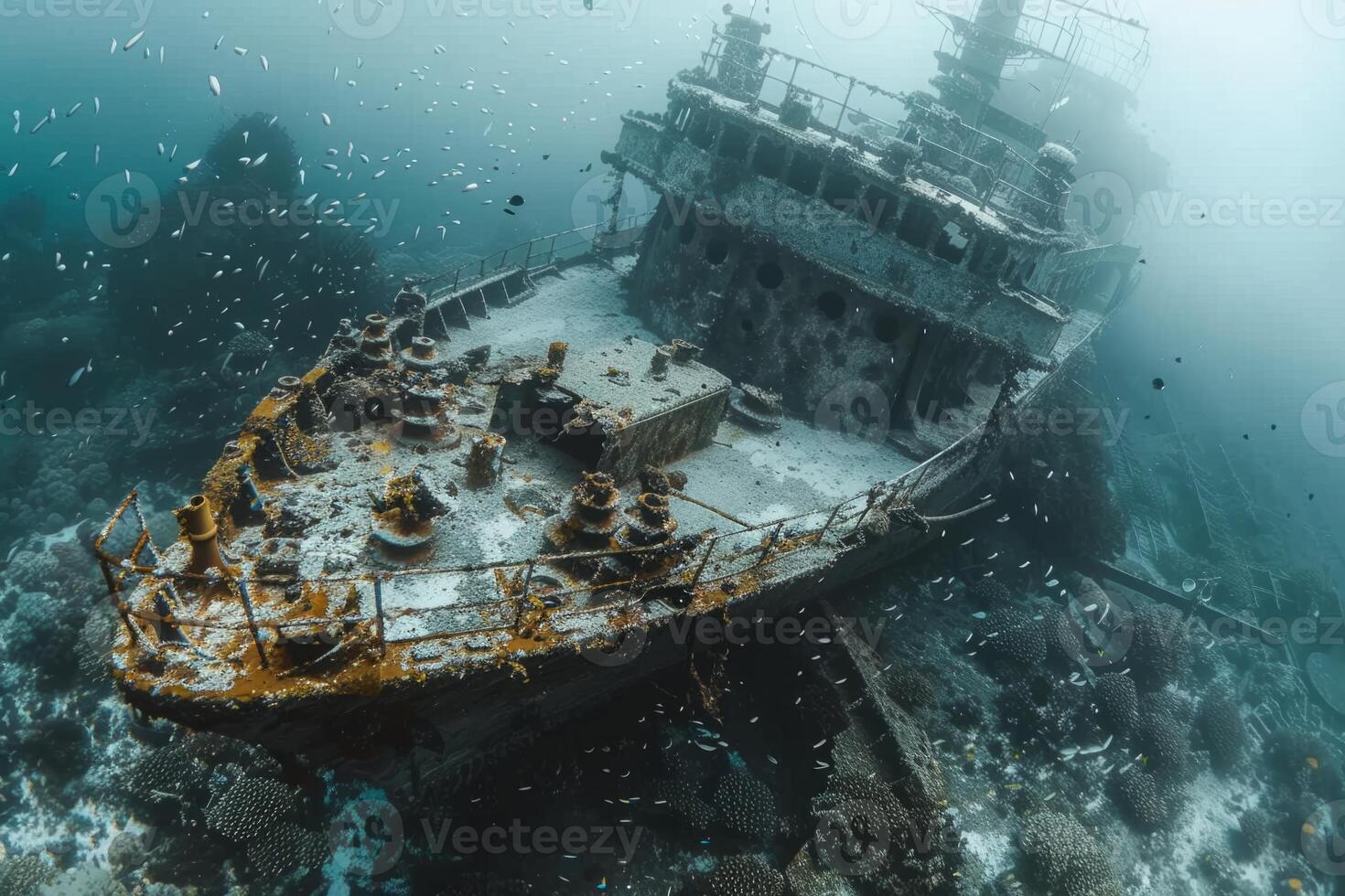 A shipwreck is seen in the ocean with a lot of debris and fish swimming around it. Scene is eerie and mysterious, as the ship is long gone and the ocean is filled with life photo