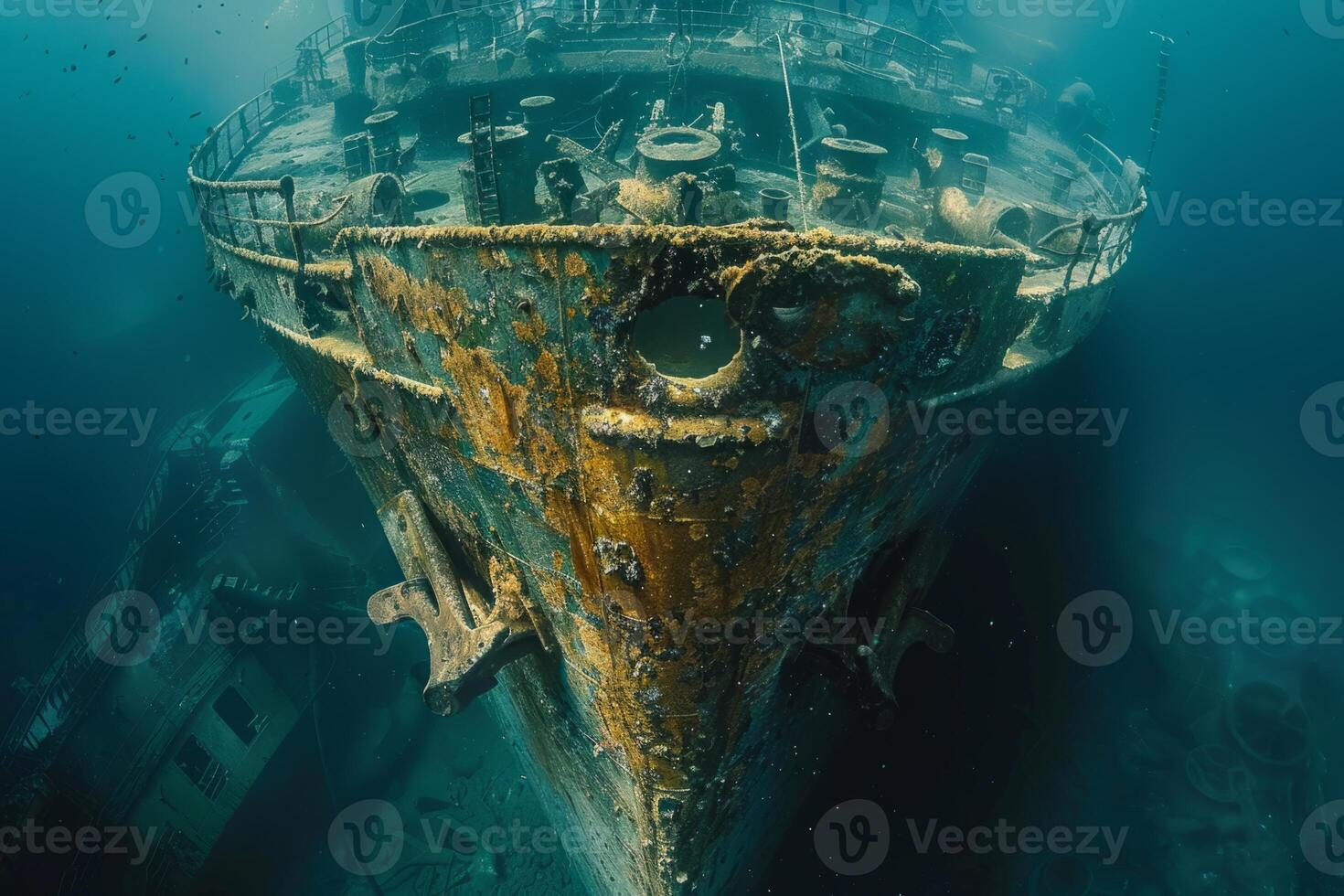 A shipwreck is seen in the ocean with a lot of debris and fish swimming around it. Scene is eerie and mysterious, as the ship is long gone and the ocean is filled with life photo