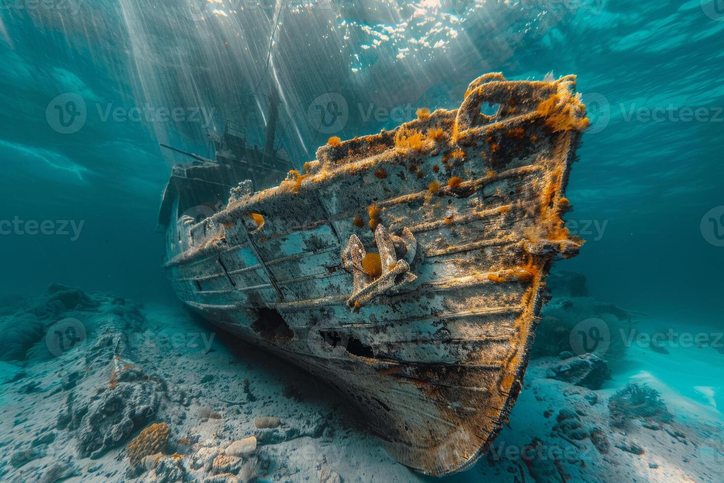 A shipwreck is seen in the ocean with a lot of debris and fish swimming around it. Scene is eerie and mysterious, as the ship is long gone and the ocean is filled with life photo