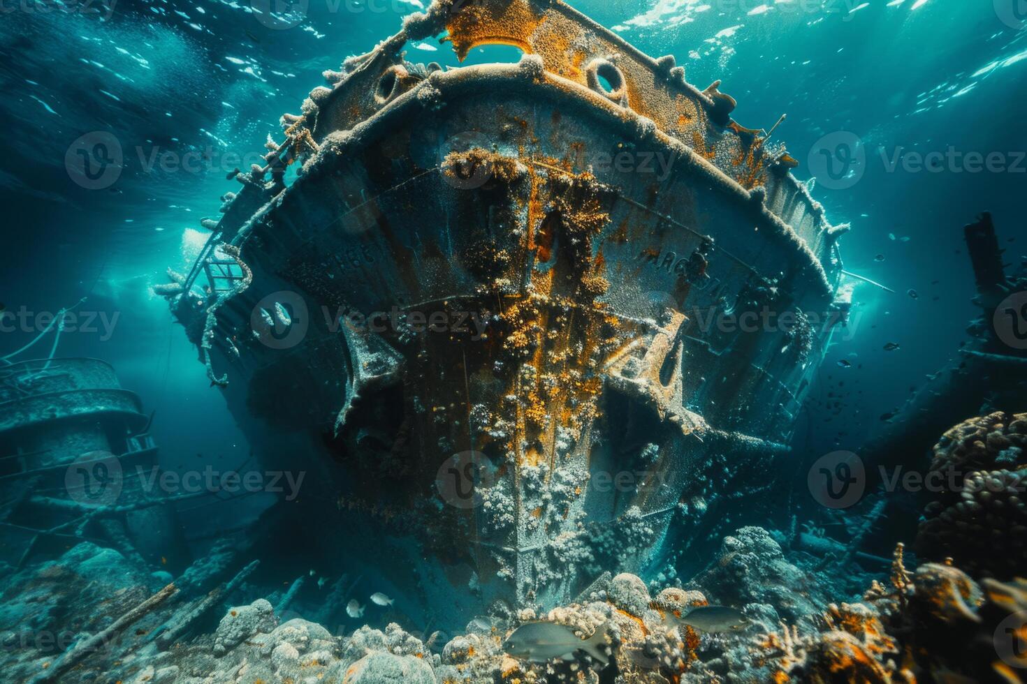 A shipwreck is seen in the ocean with a lot of debris and fish swimming around it. Scene is eerie and mysterious, as the ship is long gone and the ocean is filled with life photo