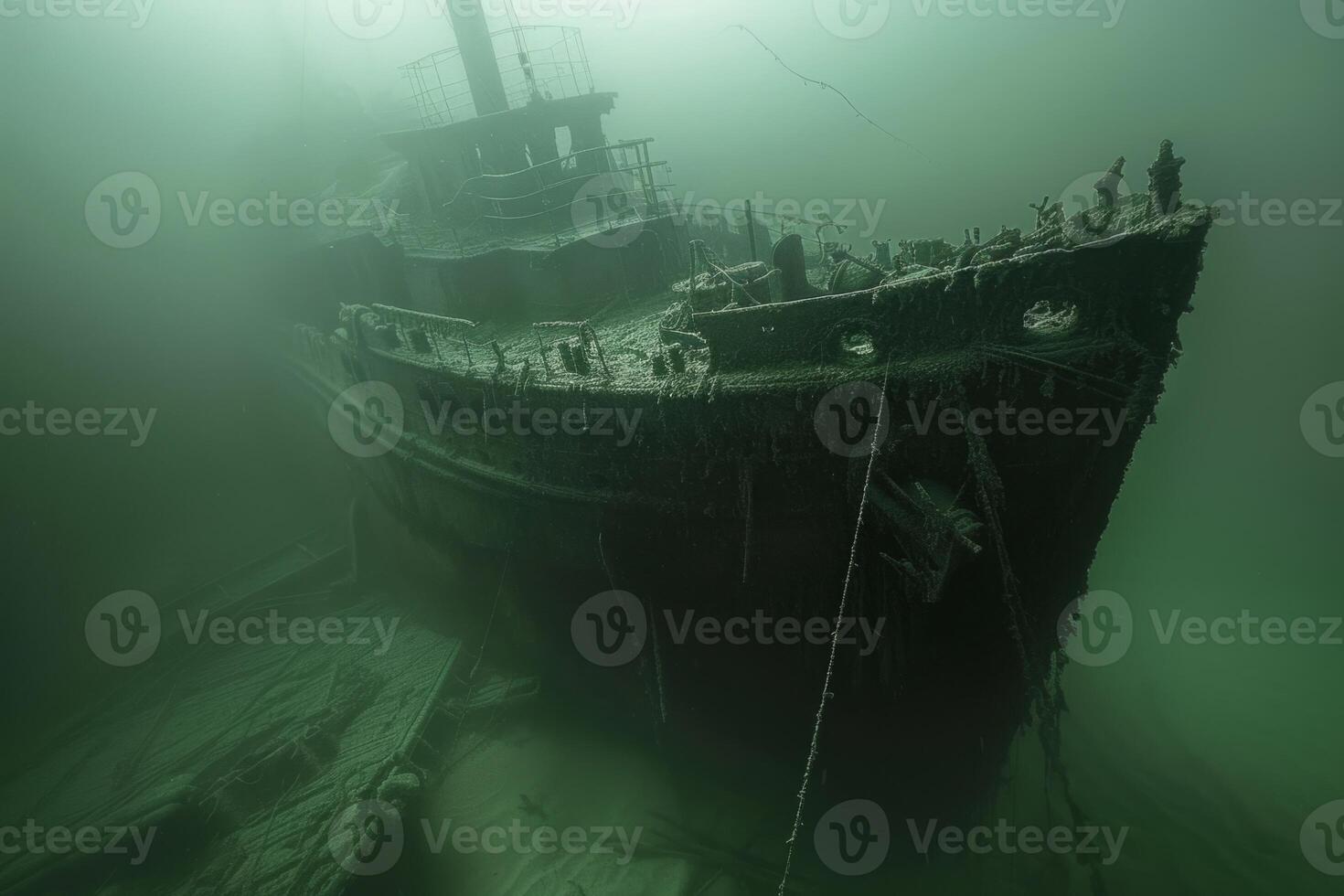 A shipwreck is seen in the ocean with a lot of debris and fish swimming around it. Scene is eerie and mysterious, as the ship is long gone and the ocean is filled with life photo