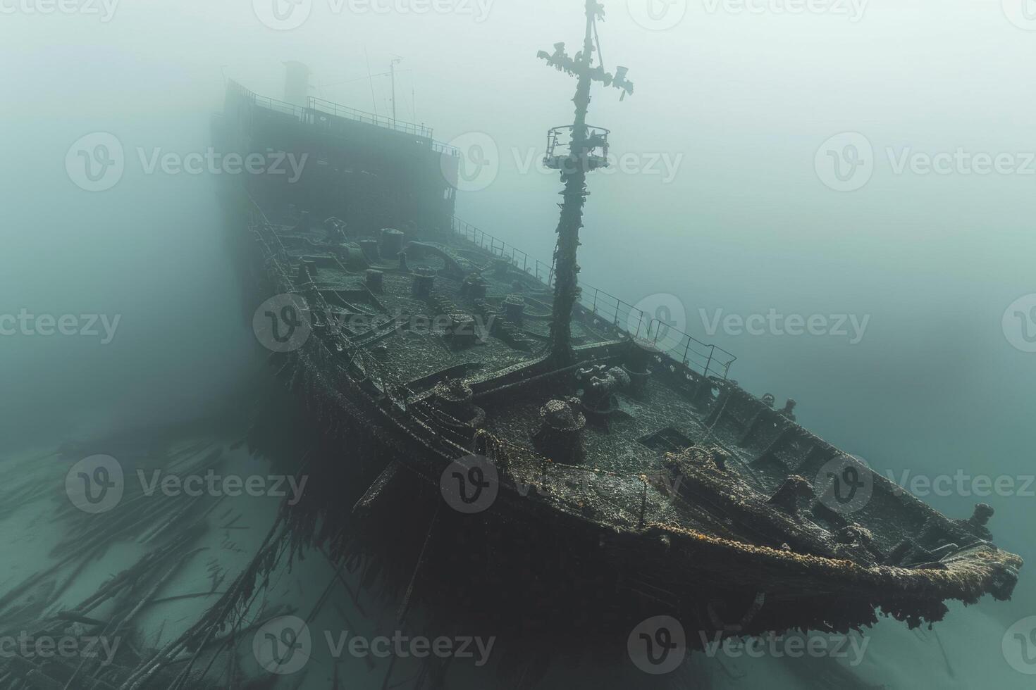 A shipwreck is seen in the ocean with a lot of debris and fish swimming around it. Scene is eerie and mysterious, as the ship is long gone and the ocean is filled with life photo