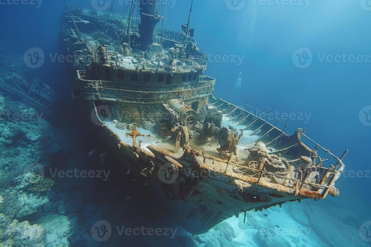 A shipwreck is seen in the ocean with a lot of debris and fish swimming around it. Scene is eerie and mysterious, as the ship is long gone and the ocean is filled with life photo