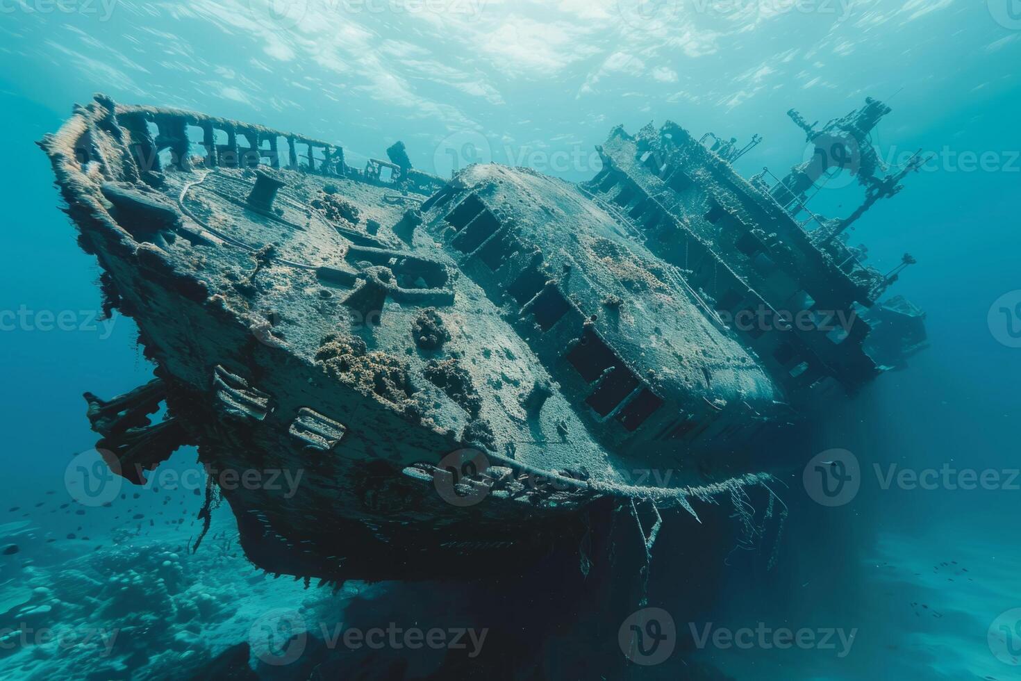 A shipwreck is seen in the ocean with a lot of debris and fish swimming around it. Scene is eerie and mysterious, as the ship is long gone and the ocean is filled with life photo