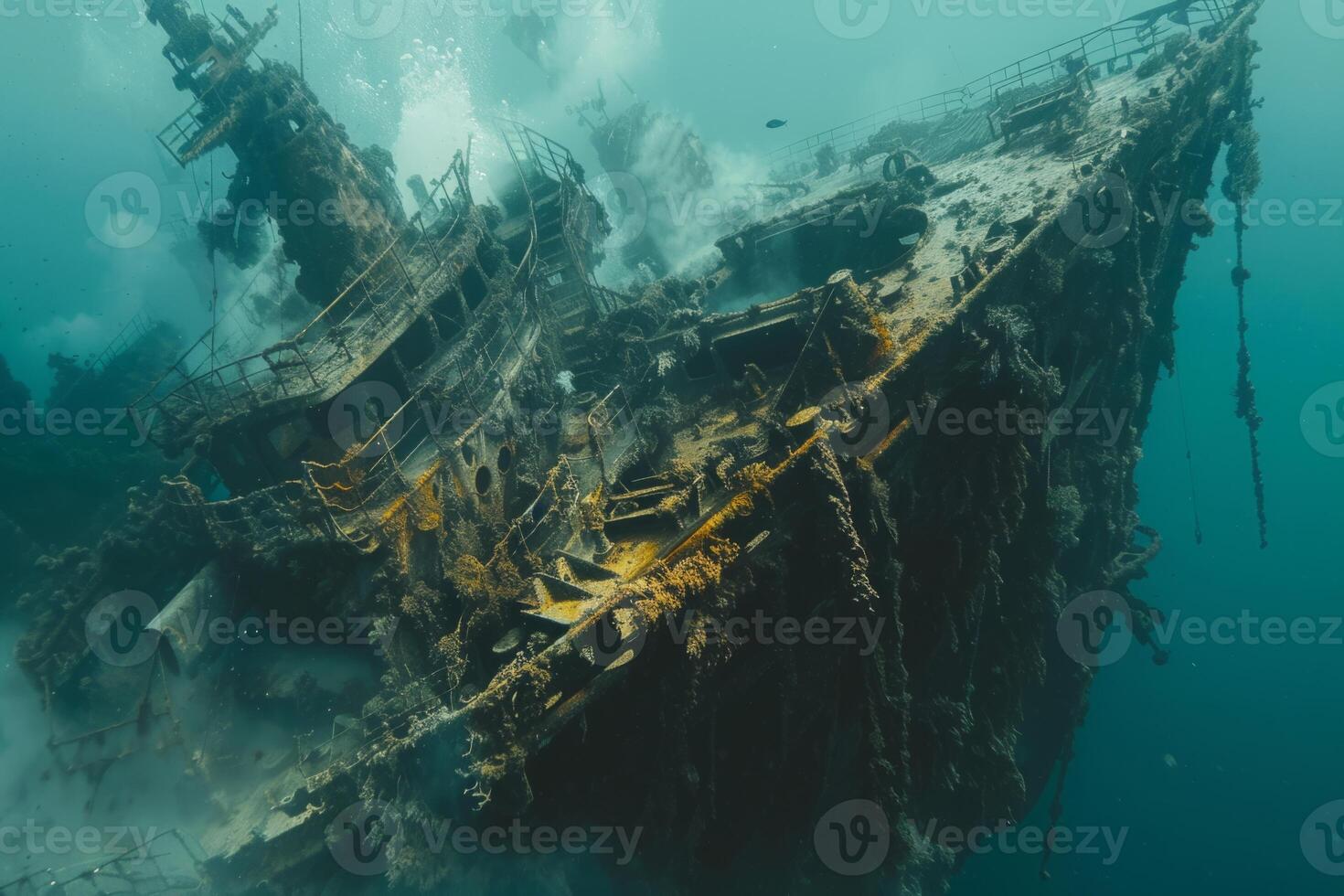 A shipwreck is seen in the ocean with a lot of debris and fish swimming around it. Scene is eerie and mysterious, as the ship is long gone and the ocean is filled with life photo