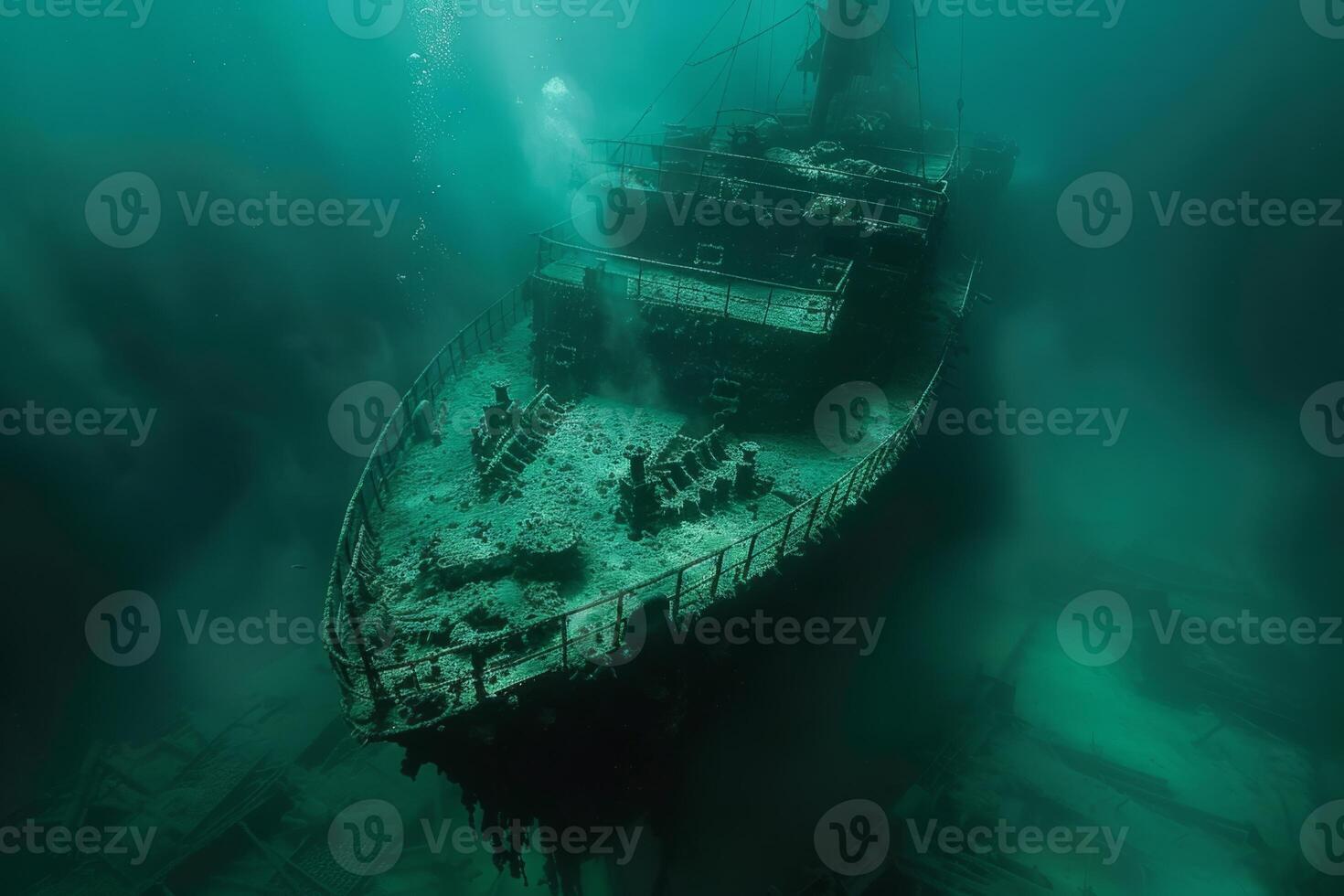 A shipwreck is seen in the ocean with a lot of debris and fish swimming around it. Scene is eerie and mysterious, as the ship is long gone and the ocean is filled with life photo