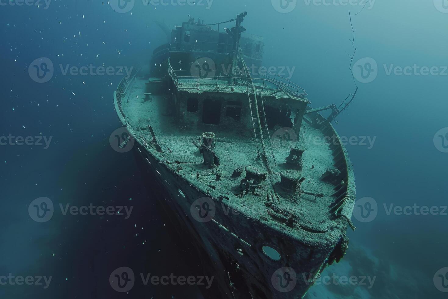 A shipwreck is seen in the ocean with a lot of debris and fish swimming around it. Scene is eerie and mysterious, as the ship is long gone and the ocean is filled with life photo