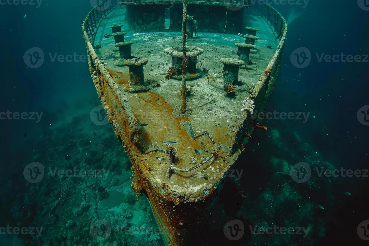 A shipwreck is seen in the ocean with a lot of debris and fish swimming around it. Scene is eerie and mysterious, as the ship is long gone and the ocean is filled with life photo