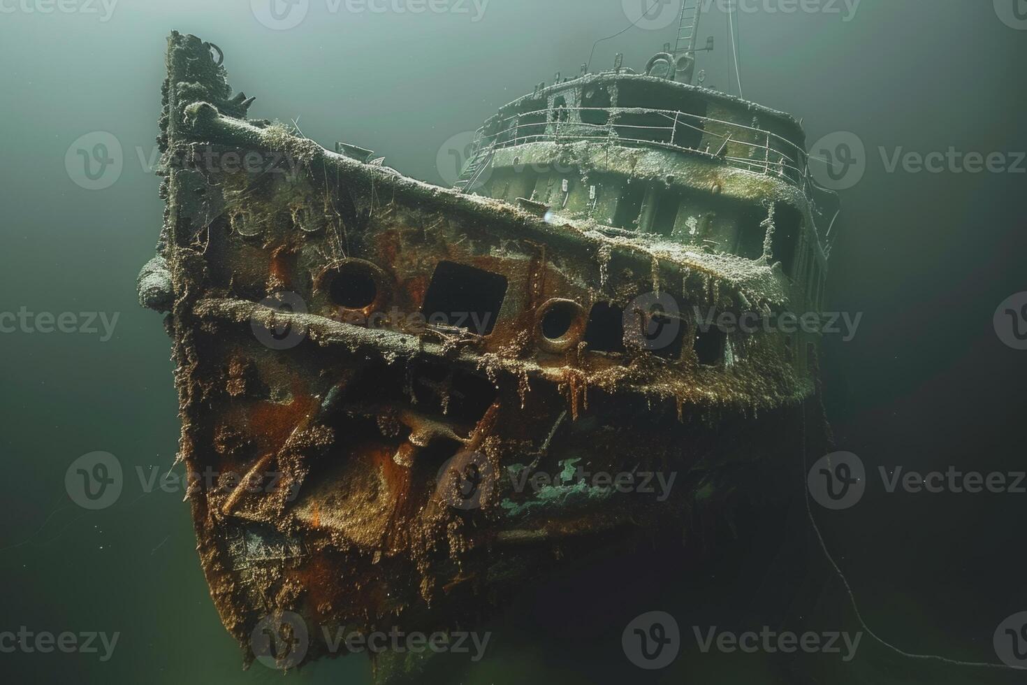 A shipwreck is seen in the ocean with a lot of debris and fish swimming around it. Scene is eerie and mysterious, as the ship is long gone and the ocean is filled with life photo