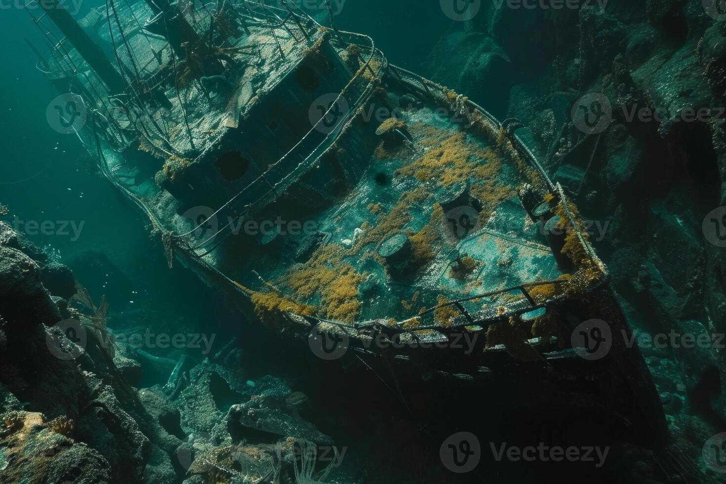 A shipwreck is seen in the ocean with a lot of debris and fish swimming around it. Scene is eerie and mysterious, as the ship is long gone and the ocean is filled with life photo