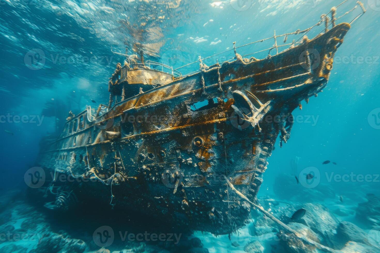 A shipwreck is seen in the ocean with a lot of debris and fish swimming around it. Scene is eerie and mysterious, as the ship is long gone and the ocean is filled with life photo