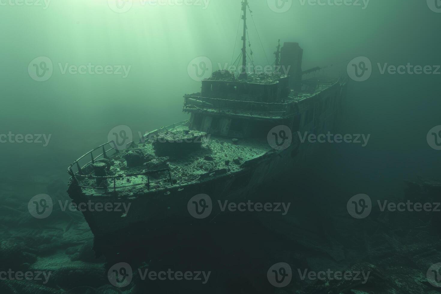 A shipwreck is seen in the ocean with a lot of debris and fish swimming around it. Scene is eerie and mysterious, as the ship is long gone and the ocean is filled with life photo