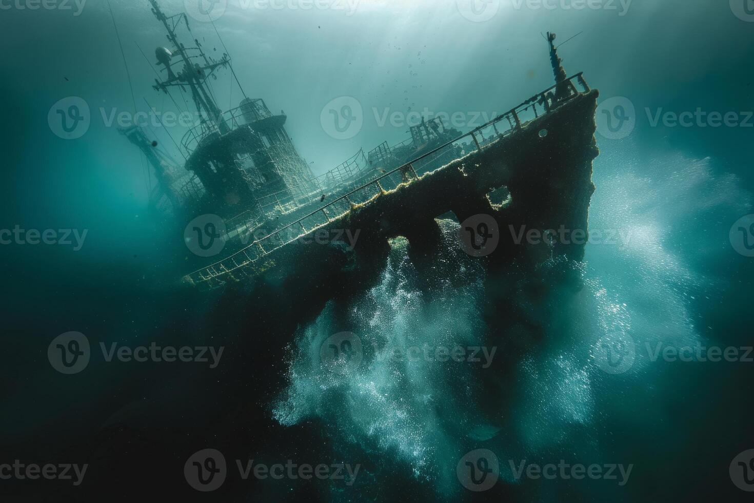 A shipwreck is seen in the ocean with a lot of debris and fish swimming around it. Scene is eerie and mysterious, as the ship is long gone and the ocean is filled with life photo