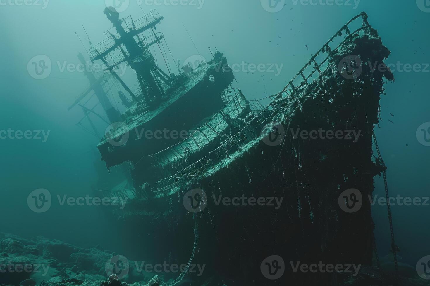 A shipwreck is seen in the ocean with a lot of debris and fish swimming around it. Scene is eerie and mysterious, as the ship is long gone and the ocean is filled with life photo