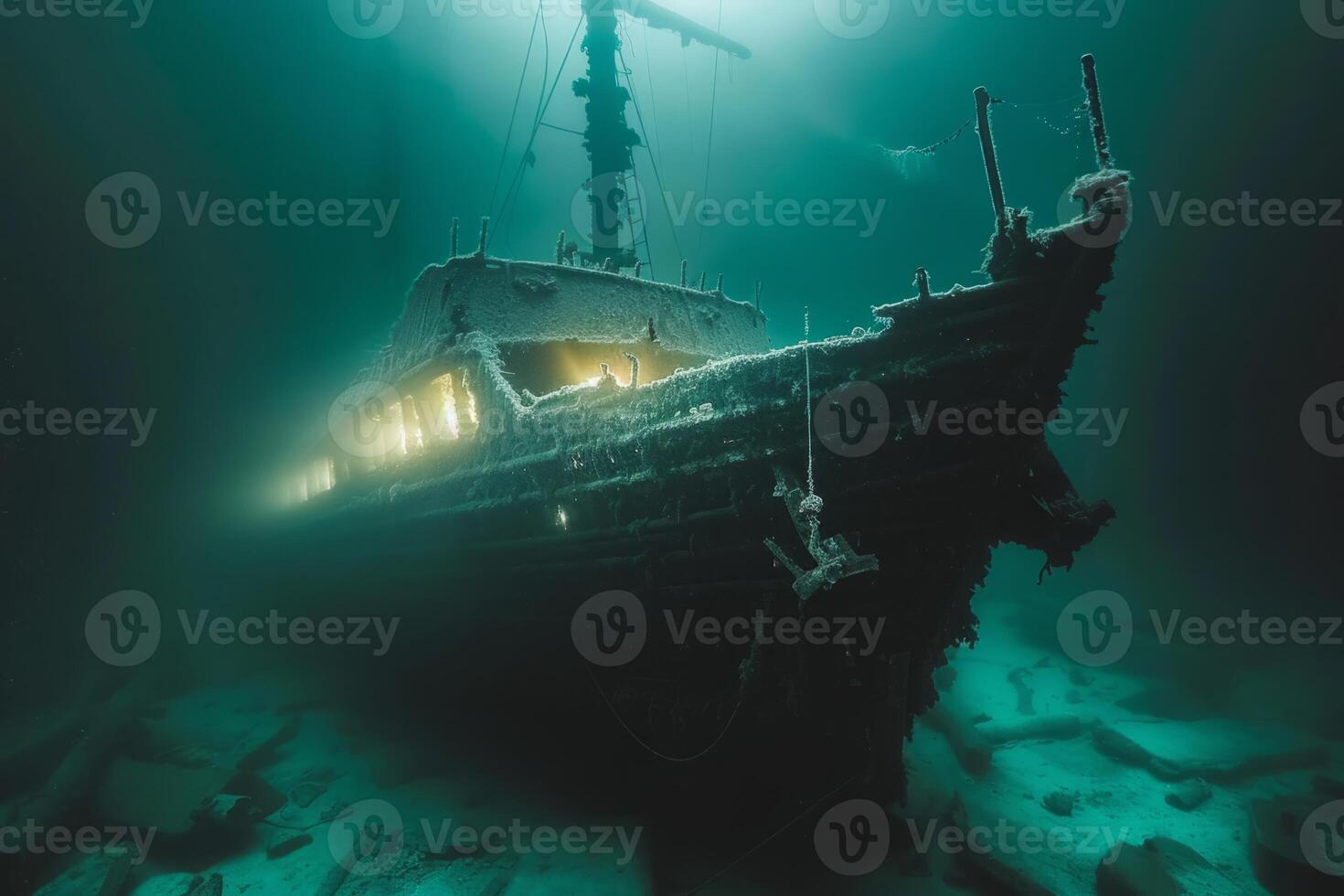 A shipwreck is seen in the ocean with a lot of debris and fish swimming around it. Scene is eerie and mysterious, as the ship is long gone and the ocean is filled with life photo