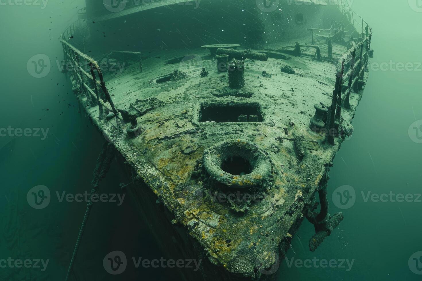 A shipwreck is seen in the ocean with a lot of debris and fish swimming around it. Scene is eerie and mysterious, as the ship is long gone and the ocean is filled with life photo