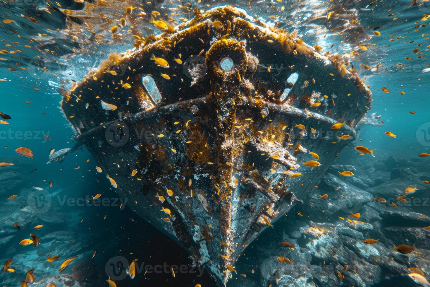 A shipwreck is seen in the ocean with a lot of debris and fish swimming around it. Scene is eerie and mysterious, as the ship is long gone and the ocean is filled with life photo