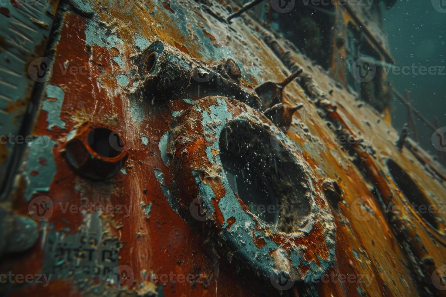 A shipwreck is seen in the ocean with a lot of debris and fish swimming around it. Scene is eerie and mysterious, as the ship is long gone and the ocean is filled with life photo
