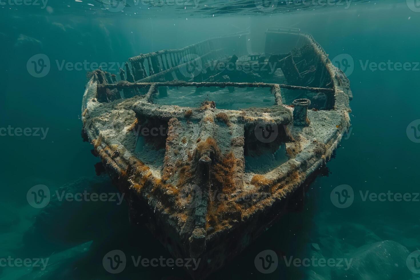 A shipwreck is seen in the ocean with a lot of debris and fish swimming around it. Scene is eerie and mysterious, as the ship is long gone and the ocean is filled with life photo