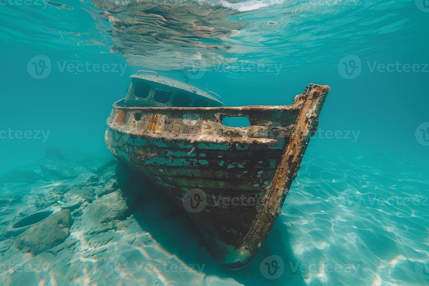 A shipwreck is seen in the ocean with a lot of debris and fish swimming around it. Scene is eerie and mysterious, as the ship is long gone and the ocean is filled with life photo