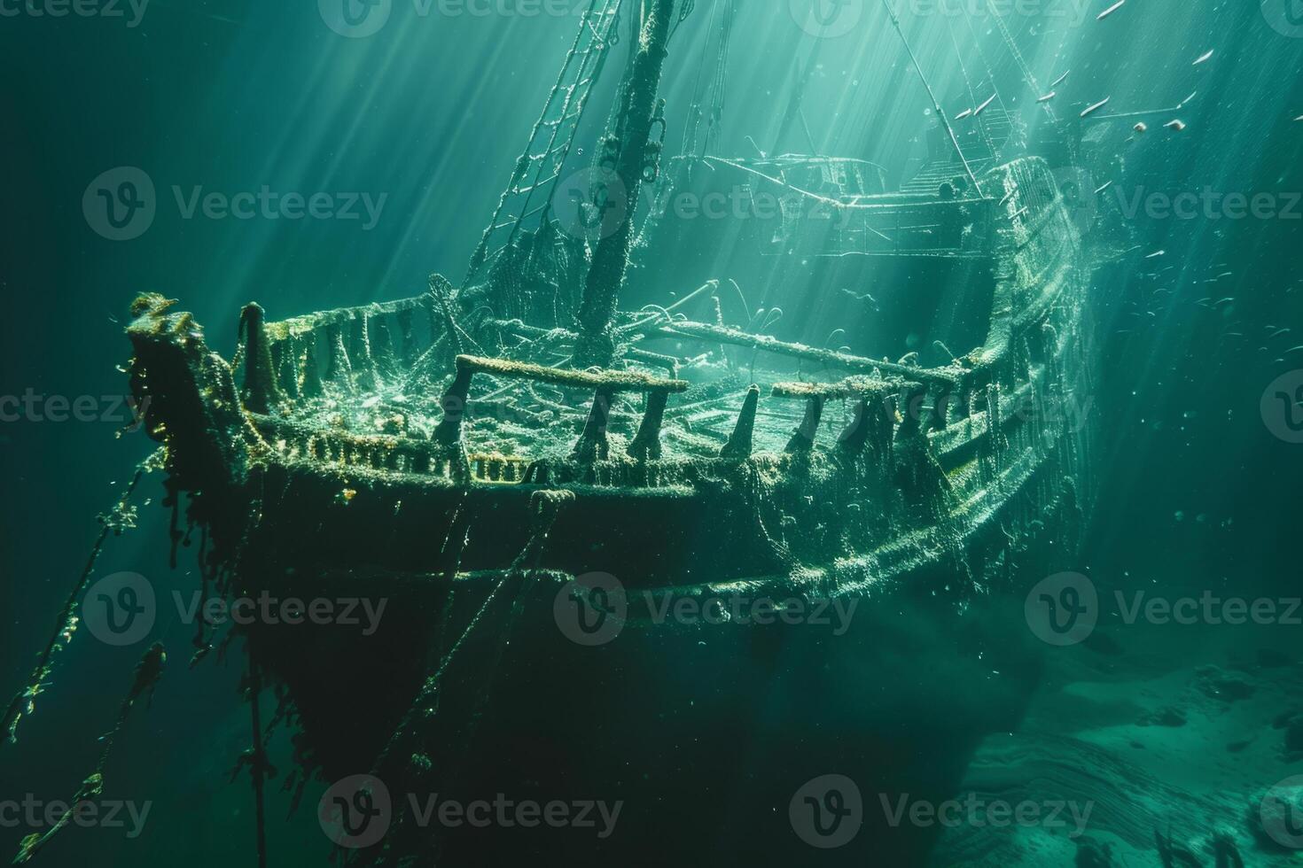 A shipwreck is seen in the ocean with a lot of debris and fish swimming around it. Scene is eerie and mysterious, as the ship is long gone and the ocean is filled with life photo