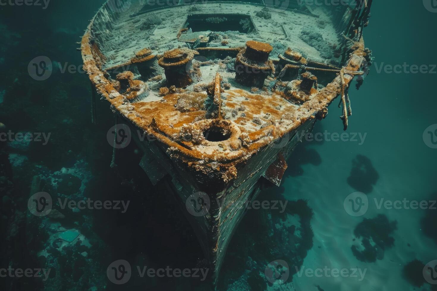 A shipwreck is seen in the ocean with a lot of debris and fish swimming around it. Scene is eerie and mysterious, as the ship is long gone and the ocean is filled with life photo