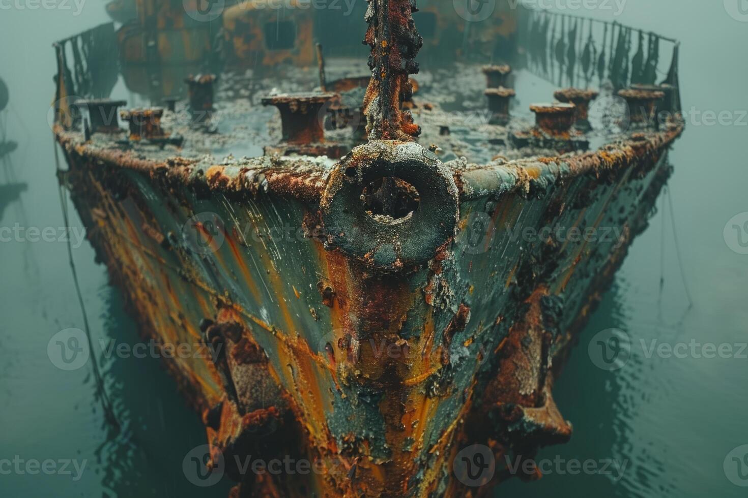 A shipwreck is seen in the ocean with a lot of debris and fish swimming around it. Scene is eerie and mysterious, as the ship is long gone and the ocean is filled with life photo