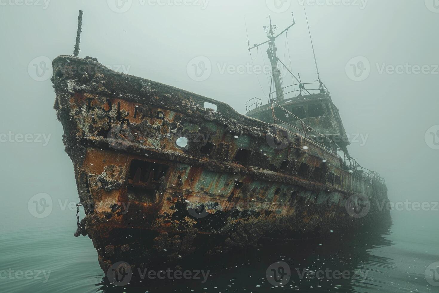 A shipwreck is seen in the ocean with a lot of debris and fish swimming around it. Scene is eerie and mysterious, as the ship is long gone and the ocean is filled with life photo