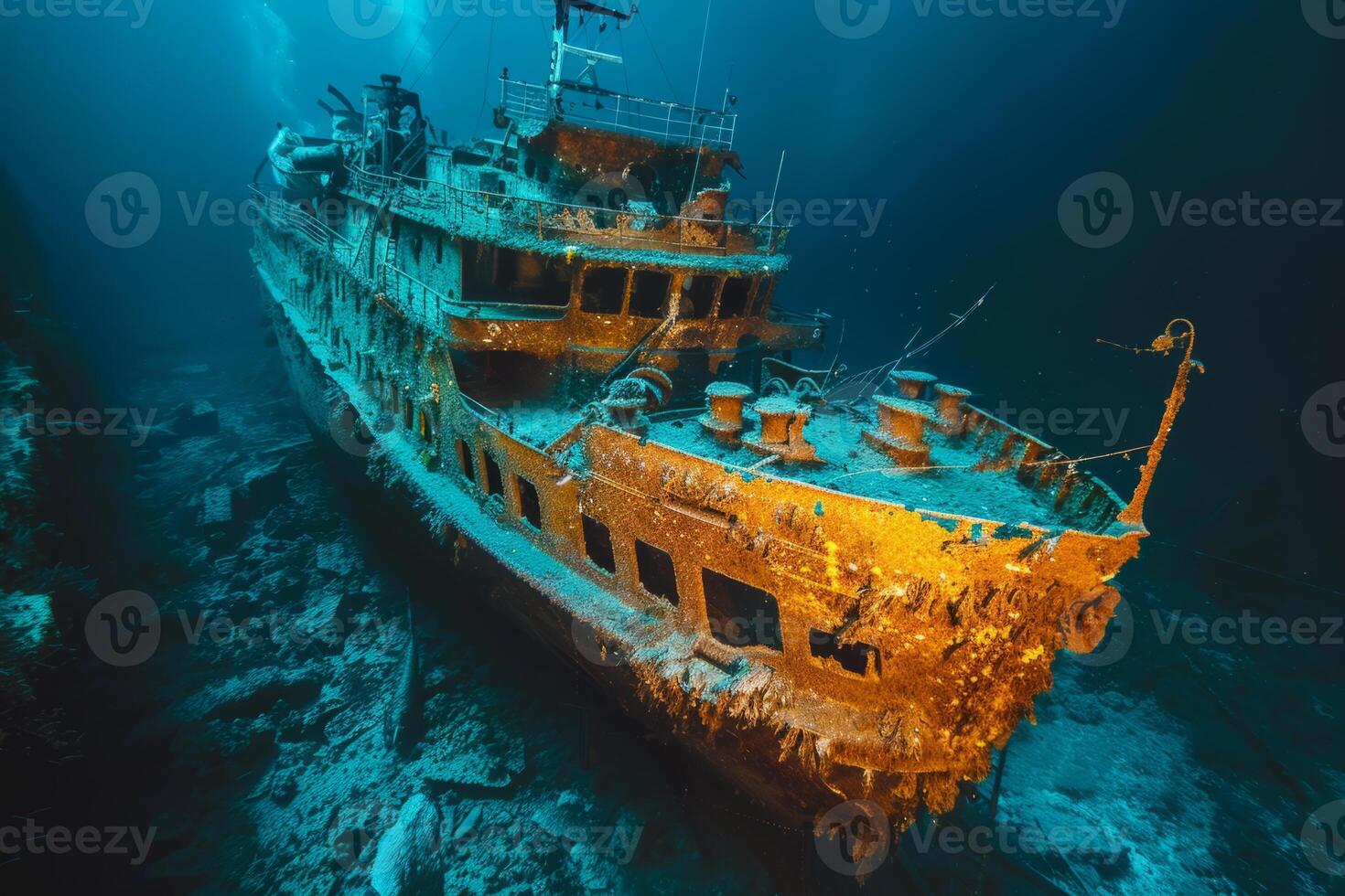 A shipwreck is seen in the ocean with a lot of debris and fish swimming around it. Scene is eerie and mysterious, as the ship is long gone and the ocean is filled with life photo