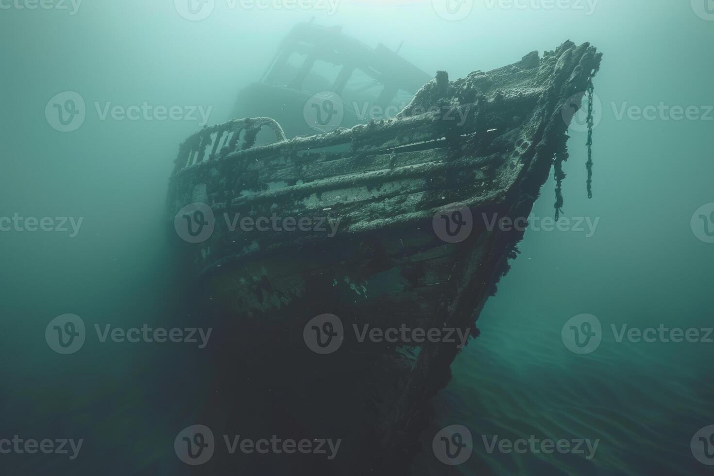 A shipwreck is seen in the ocean with a lot of debris and fish swimming around it. Scene is eerie and mysterious, as the ship is long gone and the ocean is filled with life photo