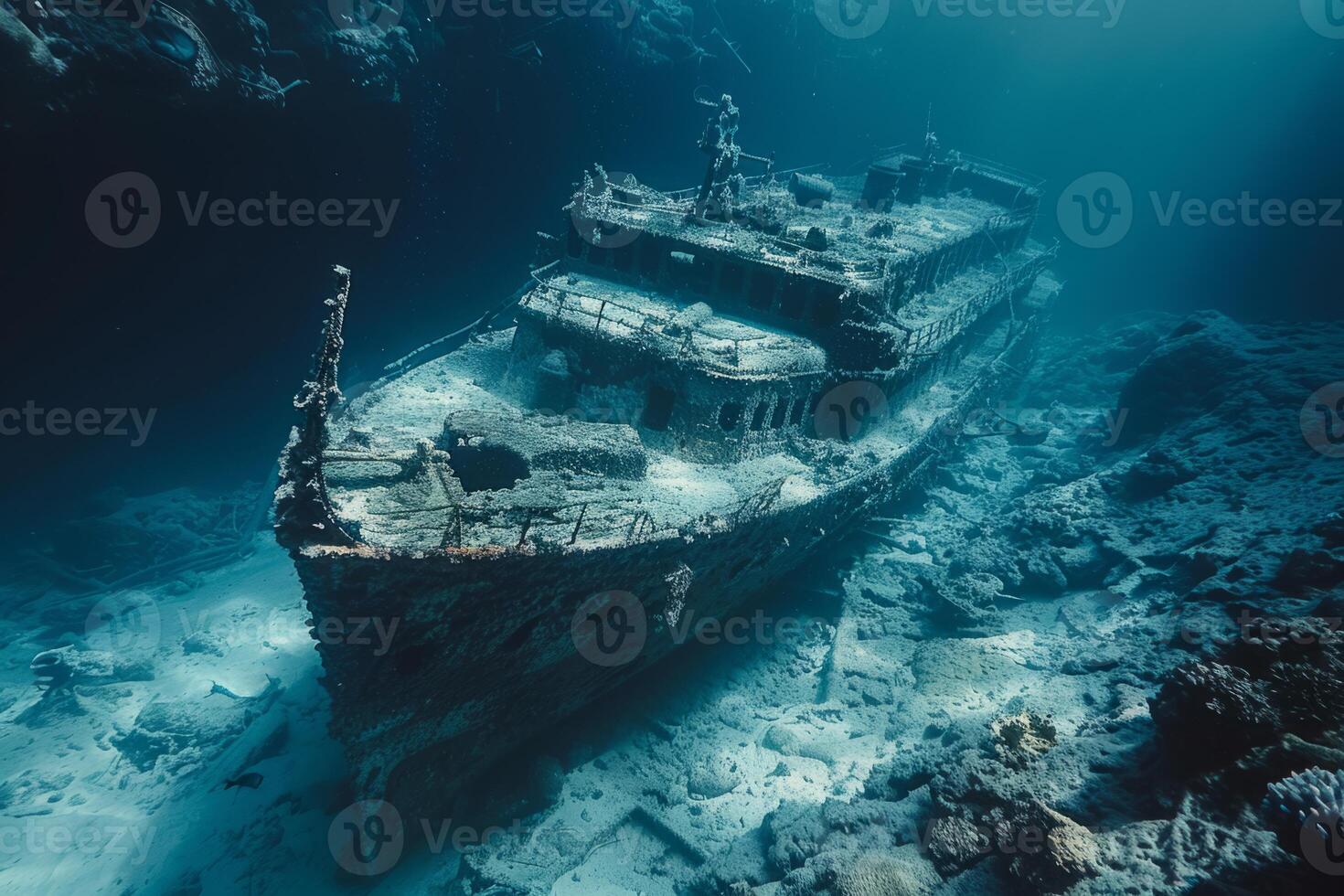 A shipwreck is seen in the ocean with a lot of debris and fish swimming around it. Scene is eerie and mysterious, as the ship is long gone and the ocean is filled with life photo