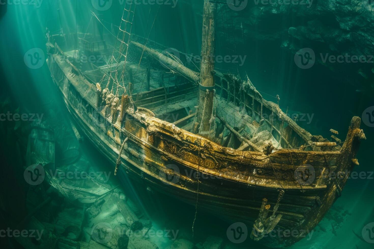 A shipwreck is seen in the ocean with a lot of debris and fish swimming around it. Scene is eerie and mysterious, as the ship is long gone and the ocean is filled with life photo