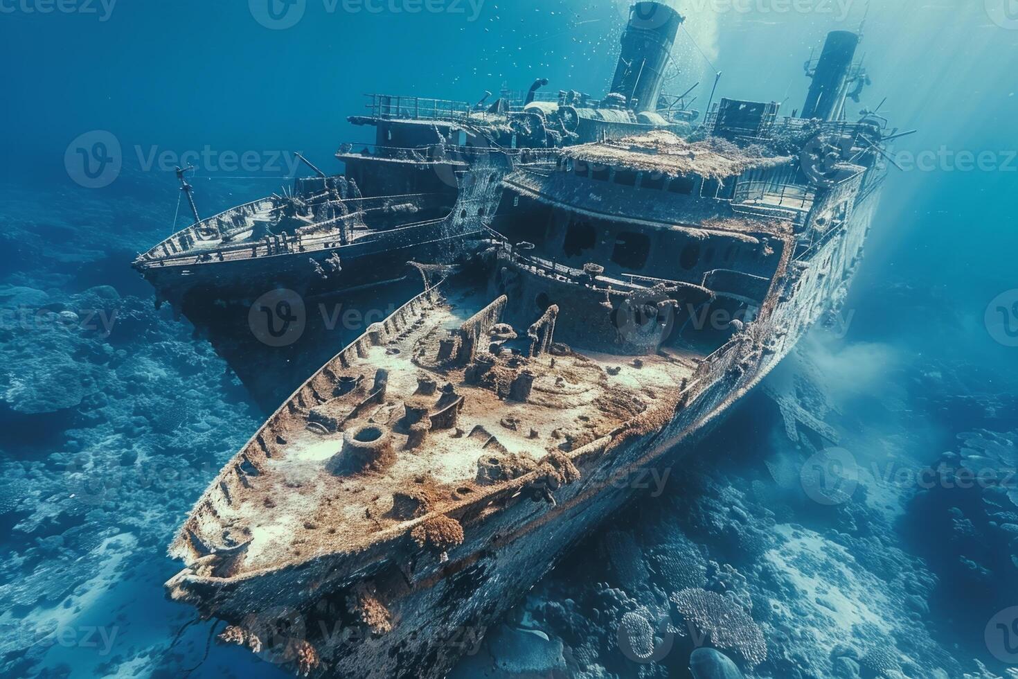 A shipwreck is seen in the ocean with a lot of debris and fish swimming around it. Scene is eerie and mysterious, as the ship is long gone and the ocean is filled with life photo
