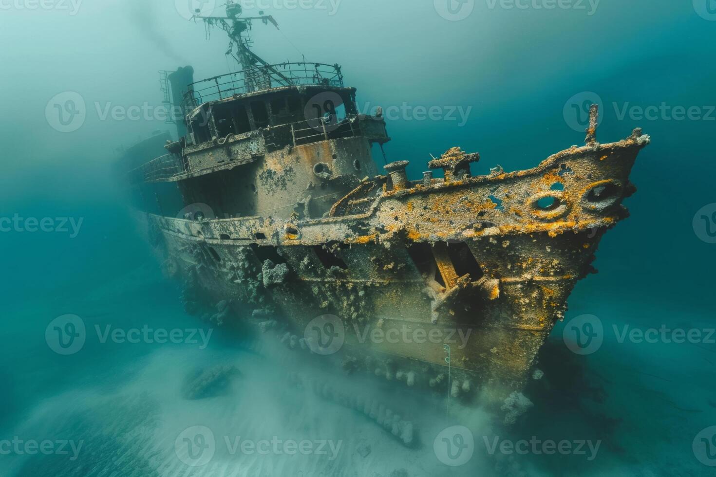 A shipwreck is seen in the ocean with a lot of debris and fish swimming around it. Scene is eerie and mysterious, as the ship is long gone and the ocean is filled with life photo