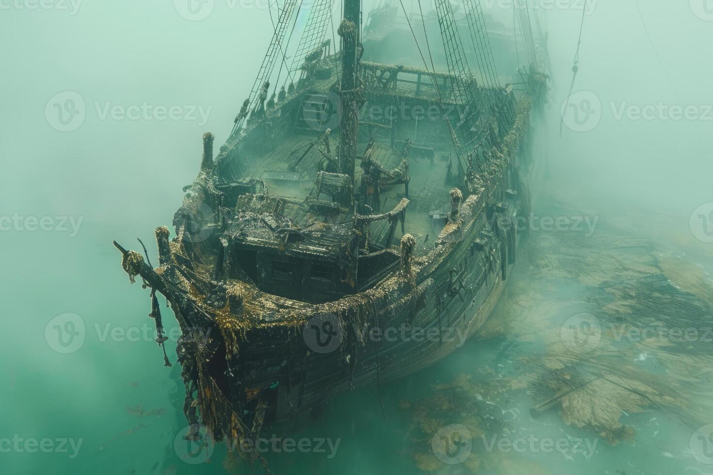 A shipwreck is seen in the ocean with a lot of debris and fish swimming around it. Scene is eerie and mysterious, as the ship is long gone and the ocean is filled with life photo