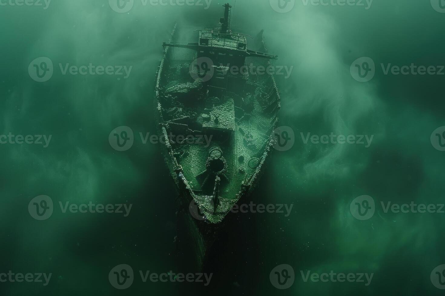 A shipwreck is seen in the ocean with a lot of debris and fish swimming around it. Scene is eerie and mysterious, as the ship is long gone and the ocean is filled with life photo