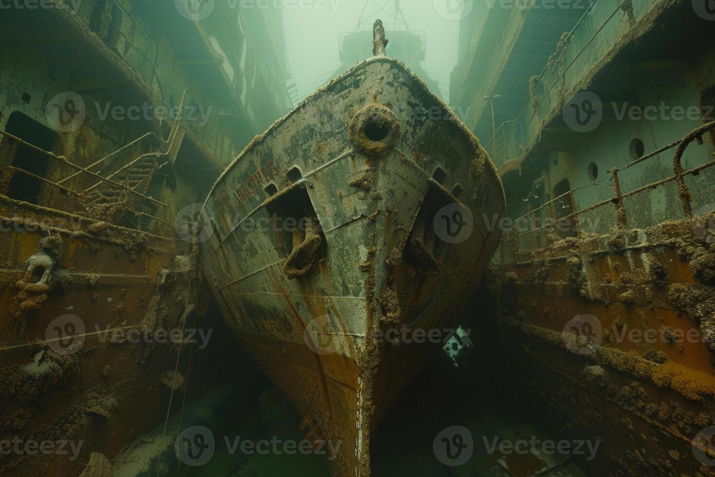 A shipwreck is seen in the ocean with a lot of debris and fish swimming around it. Scene is eerie and mysterious, as the ship is long gone and the ocean is filled with life photo