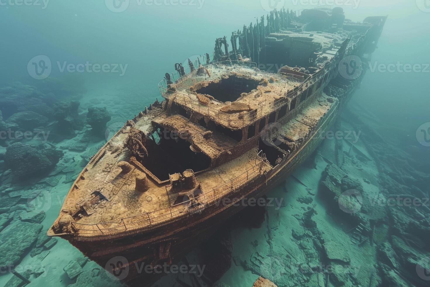 A shipwreck is seen in the ocean with a lot of debris and fish swimming around it. Scene is eerie and mysterious, as the ship is long gone and the ocean is filled with life photo