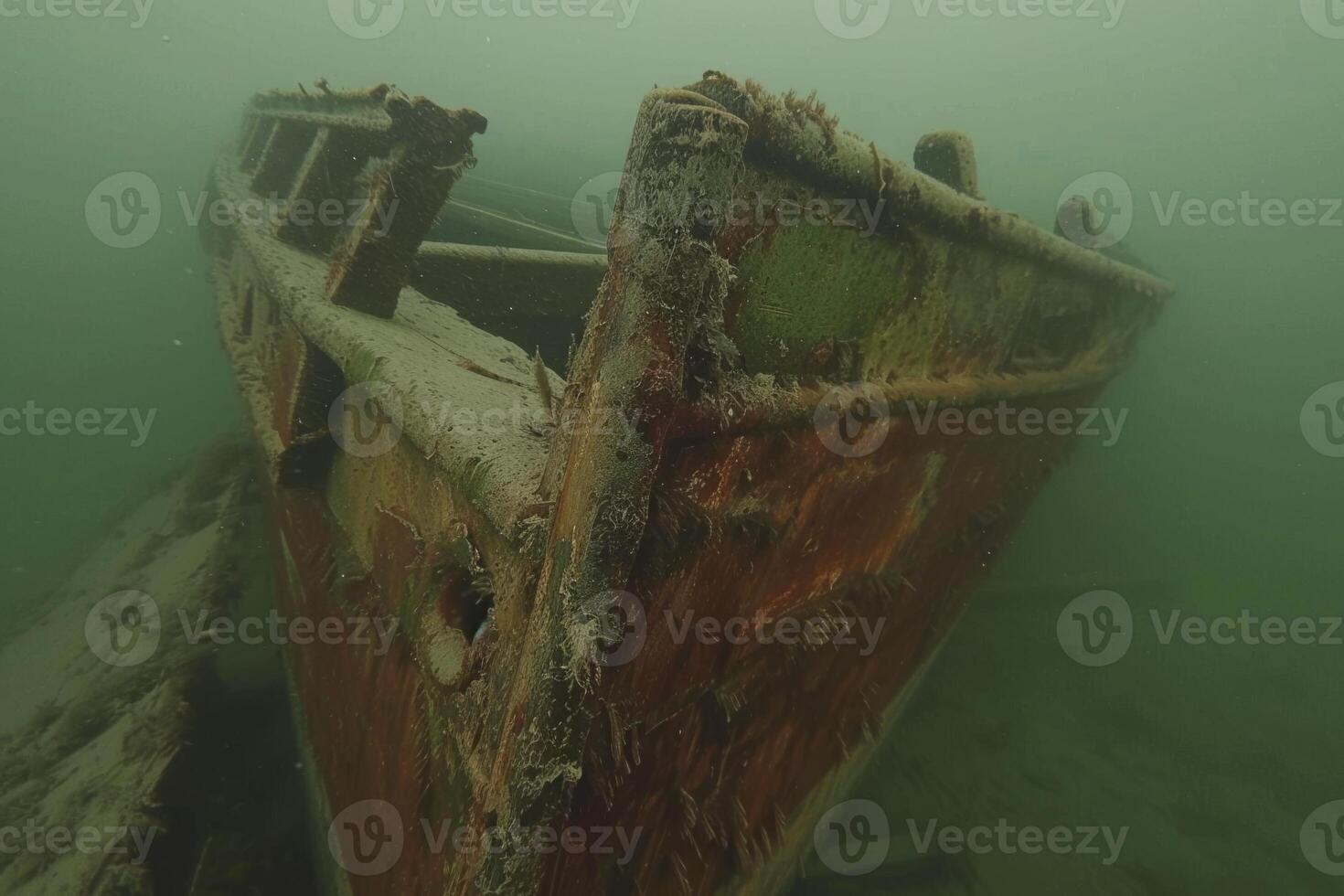 A shipwreck is seen in the ocean with a lot of debris and fish swimming around it. Scene is eerie and mysterious, as the ship is long gone and the ocean is filled with life photo
